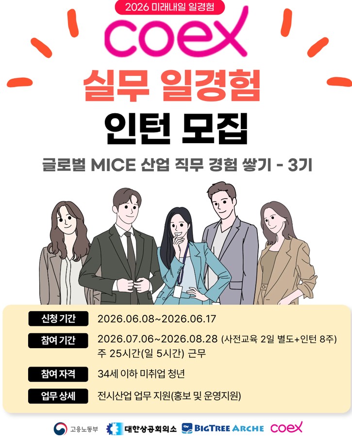2026 미래내일일경험 사업 코엑스 실무일경험 인턴 3기 모집 포스터