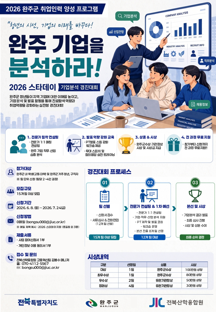 2026 완주군 취업인력 양성 프로그램 스타데이(기업분석 경진대회) 참가자 모집 포스터